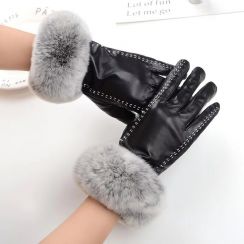 2 Prs Luxury Black Sheepskin Rex Rabbit Fur Leather Gloves